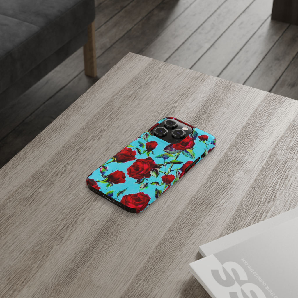 Red Rose Floral on Turquoise Case