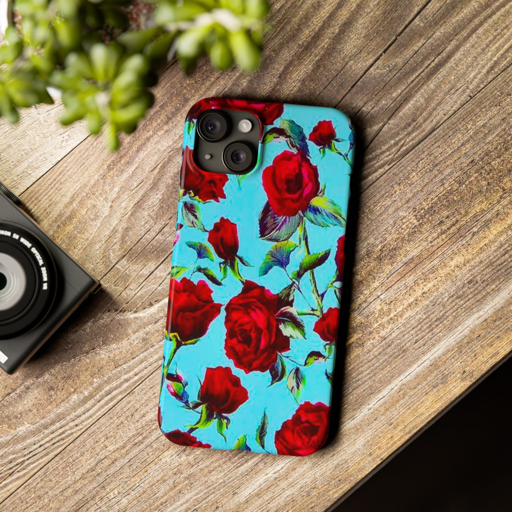 Red Rose Floral on Turquoise Case