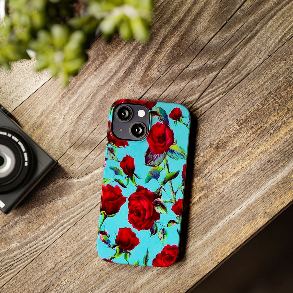 Red Rose Floral on Turquoise Case
