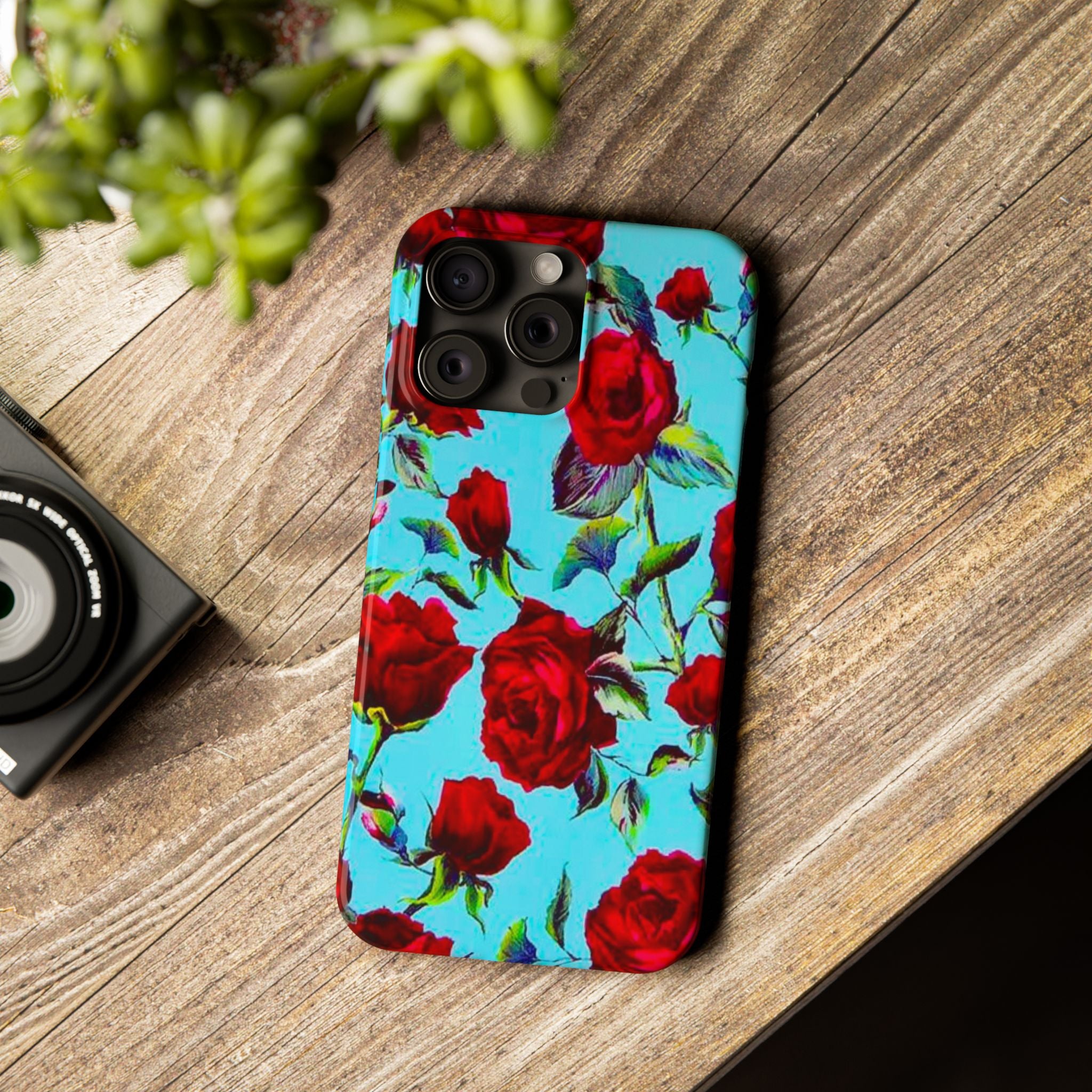 Red Rose Floral on Turquoise Case