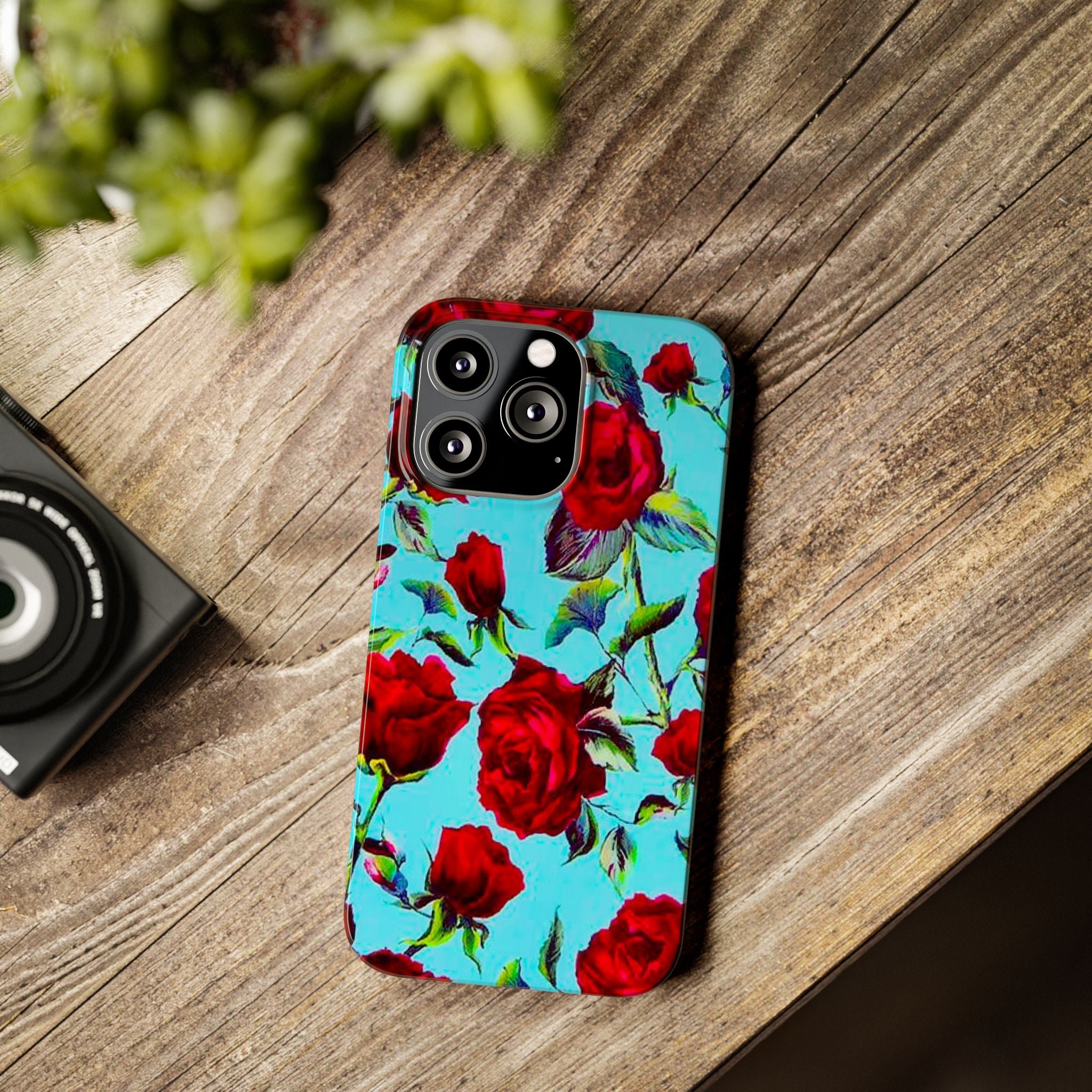 Red Rose Floral on Turquoise Case